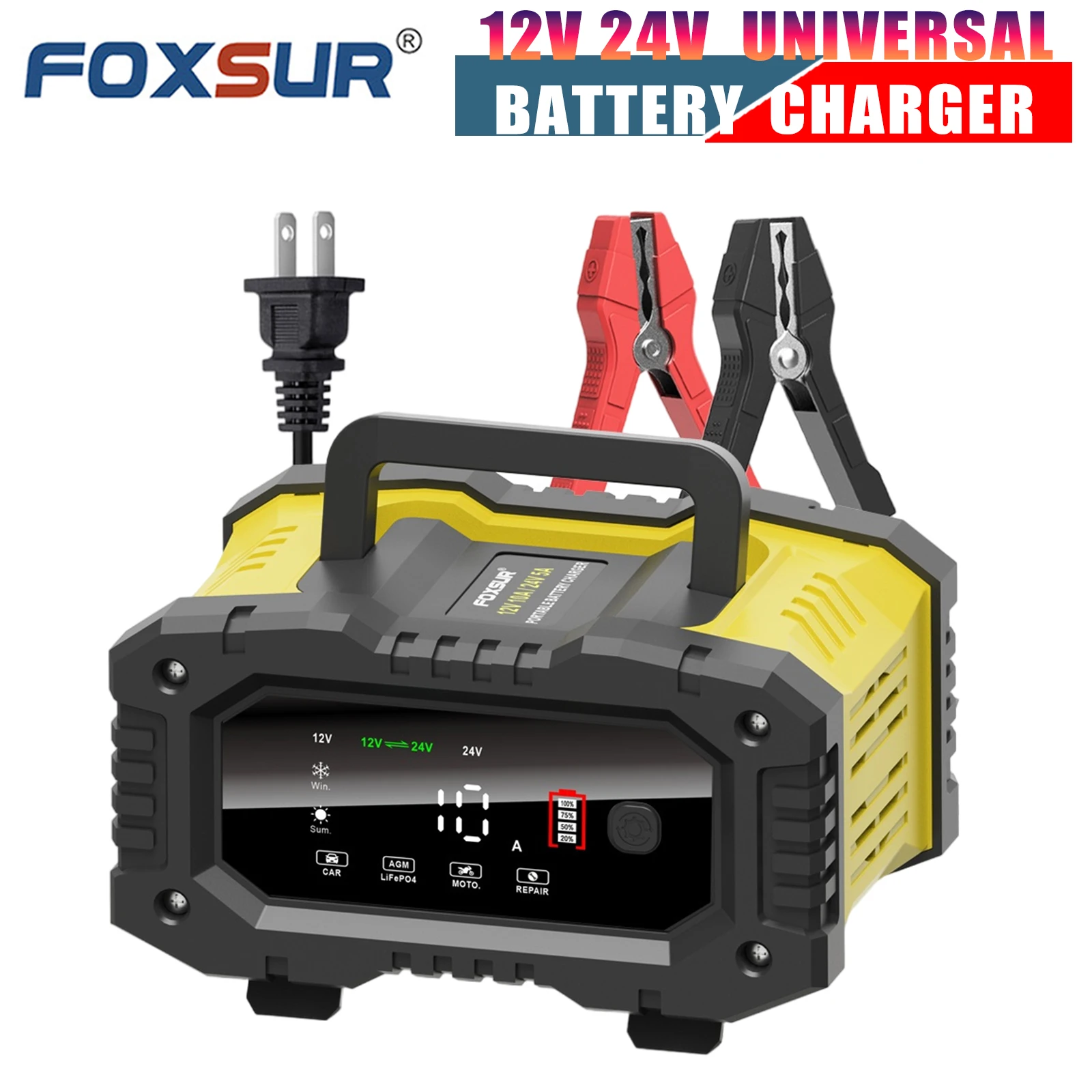 FOXSUR 10A Car Battery Charger for 12V 24V Lifepo4 AGM Lead Acid Batteries of Motorcycle Truck Boat with Automatic Pulse Repair