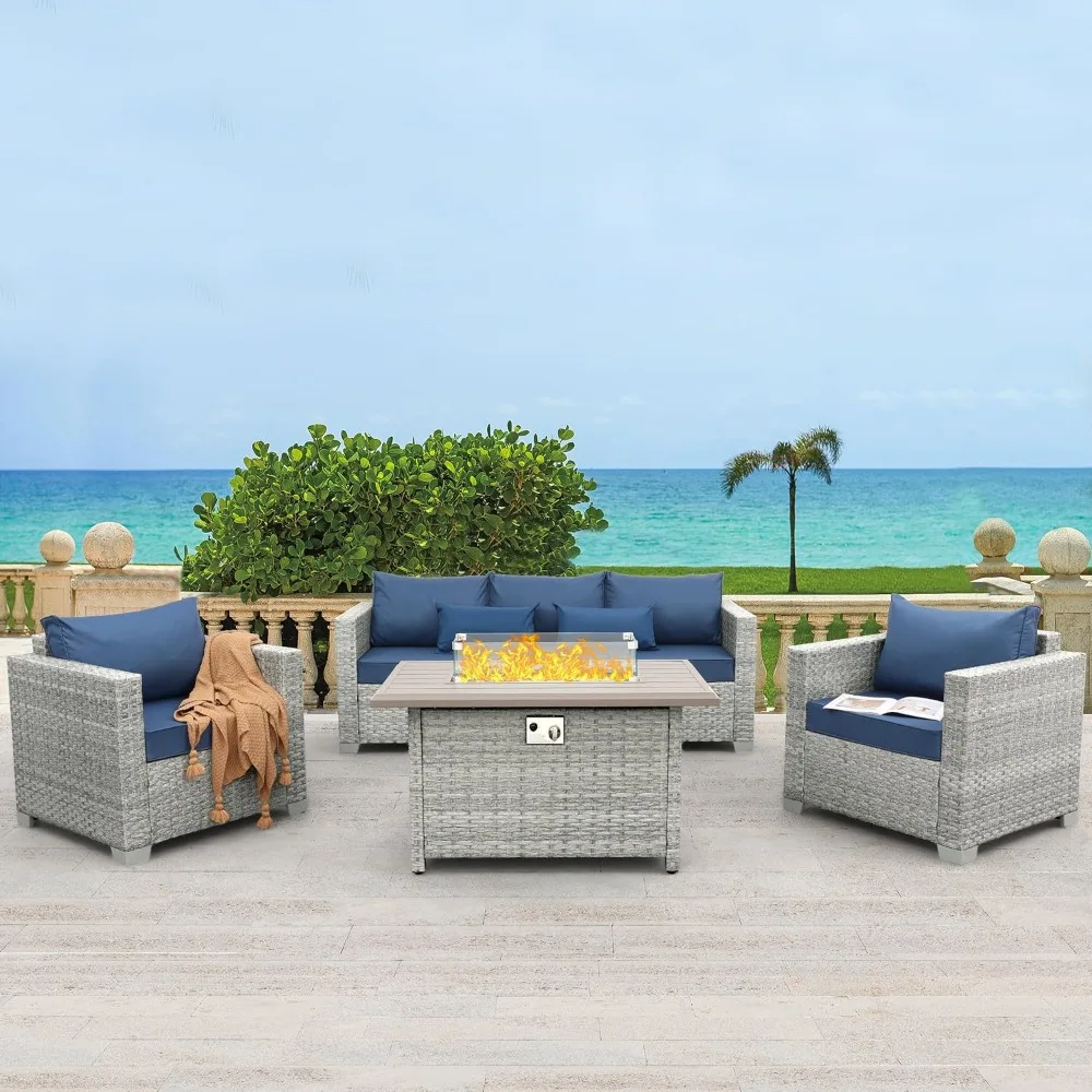 Outdoor Patio Furniture Set 4 Piece Wicker Furniture Patio Conversation Sets PE Rattan Patio ChairsCouchSectional Sofa with Fire