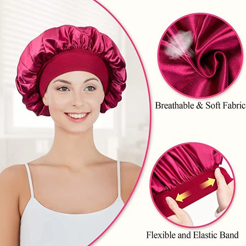 3 Stück Breitrandige Elastische Damen-Schlafmütze aus Satin, Nachtmütze, Haarschutz, Duschhaube für Bad und Sauna – Detail 6