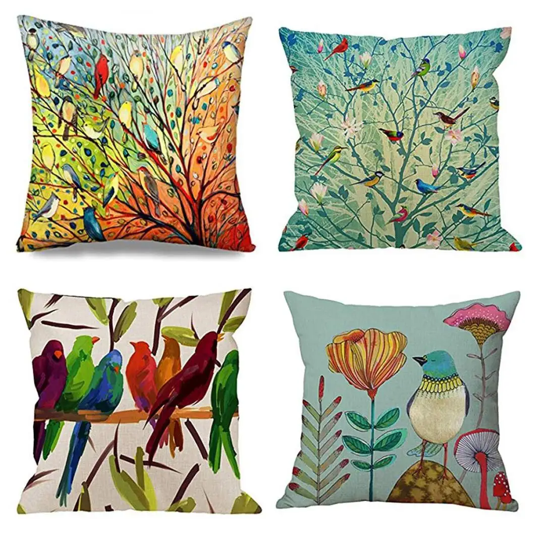 Bird Tree Linen Pillowcase Living Room Sofa Cushion Cover 50*50 Home Decoration Car Lumbar Pillow Cover 40*40 Customizable