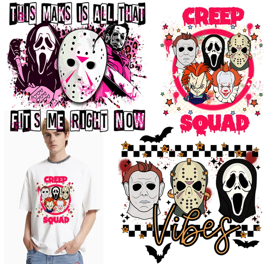 Horror MoVie Killers Patches Heat Transfer Thermal Stickers Creep Squad Horror Face DIY Iron on Patches For Jackets Termoadesivo
