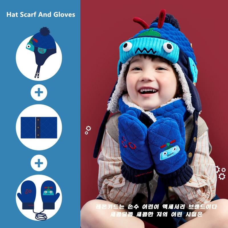 Kids Winter Hats Scarfs Dinosaur Unicorn Style Hat Scarf And Gloves Ski Suit For Boys Girls Beanie Caps Outdoor Riding Sets