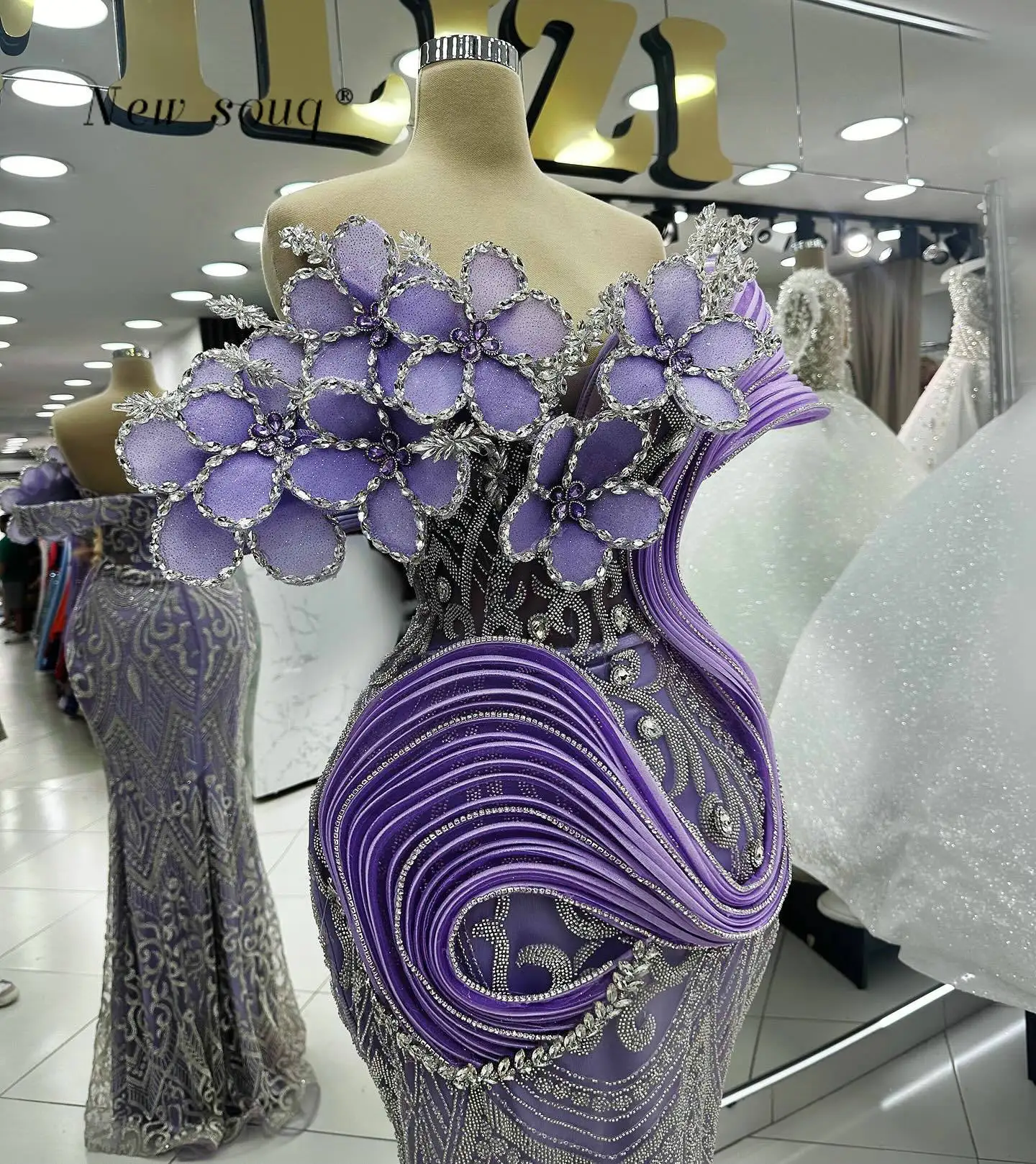 Vestidos de fiesta de sirena lila con hombros descubiertos personalizados, cristales de flores, vestidos largos formales de fiesta de noche y cumpleaños para bodas