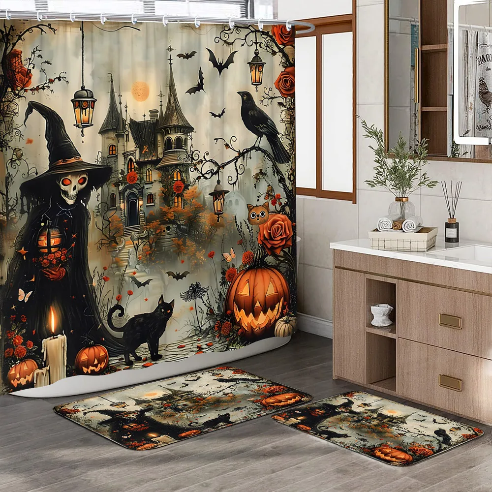 Halloween Shower Curtain and Rug Set Pumpkin Black Bat Elf Hat Cute Ghost Candy Shower Curtains and Two Mats Set Bathroom Decor