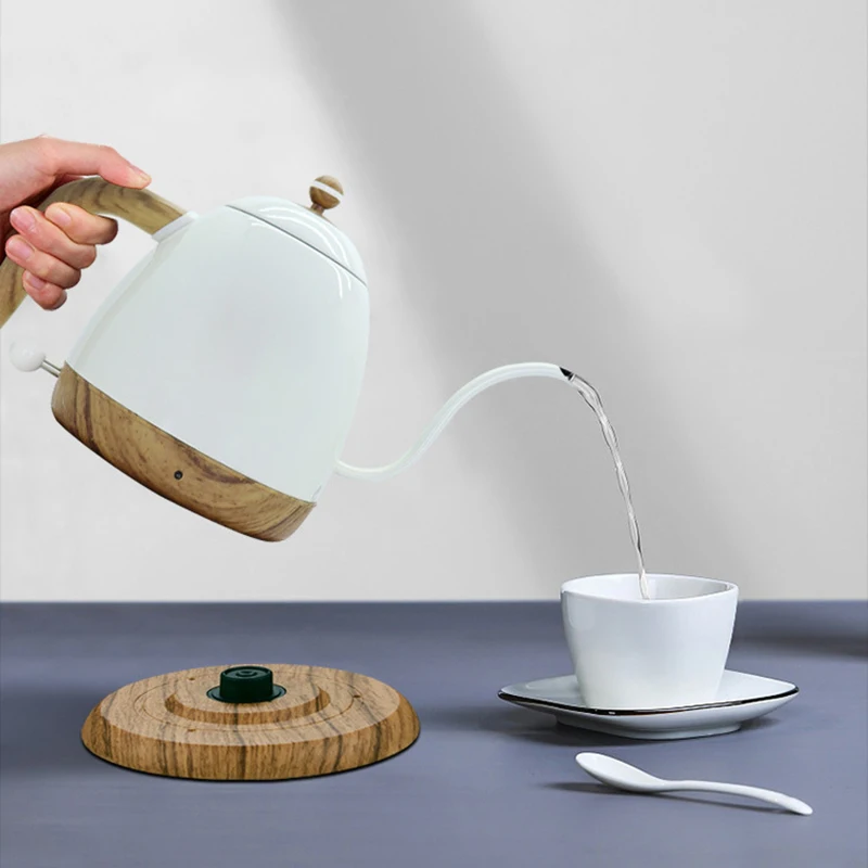 110V Retro Electric Kettle 800ml Gooseneck Jug Hand brew Coffee Pot Wood Grain Slender Mouth Pot Home 304 Stainless Steel Teapot