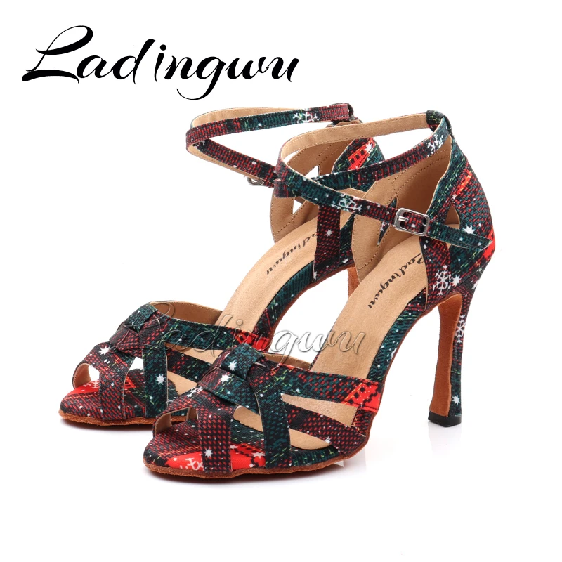 Ladingwu Dance Shoes Christmas Print Denim Salsa Dance Shoes Women\'s Latin Shoes Dance New Design Dance Shoes Sandals