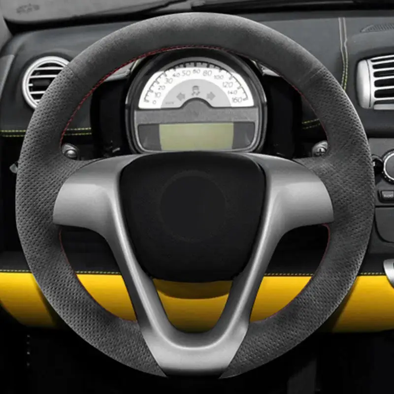 For Smart Fortwo 2009 2010 2011 2012 2013 Forjeremy 2013 Car Steering Wheel Suede Perforated Leather Cover w/ Threads Strip Trim