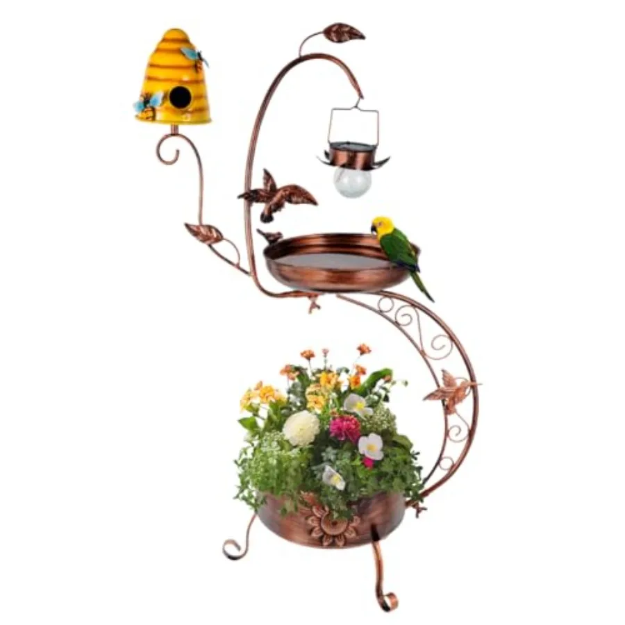 

Солнечная кормушка-купальня для птиц DREAMSOUL 3-в-1 с домиком и кашпо для цветов, металлическая, с солнечной подсветкой, для улицы