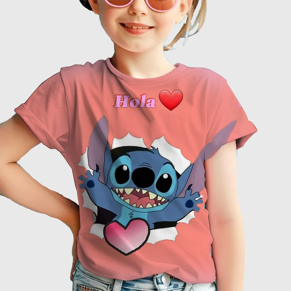 

2025 Summer Disney Stitch 3d T Shirts Short Sleeve Children Boys Girls Stich Tops Cartoon Casual Clothes 1-14 Years Old T-Shirts
