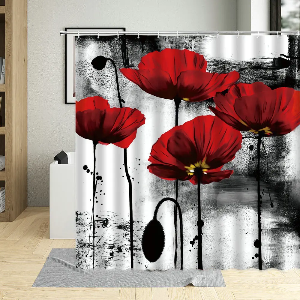 Red Flowers Poppy Floral Pattern Shower Curtains Bathroom Decor Waterproof Bathtub Polyester Fabric Bath Curtains With Hooks