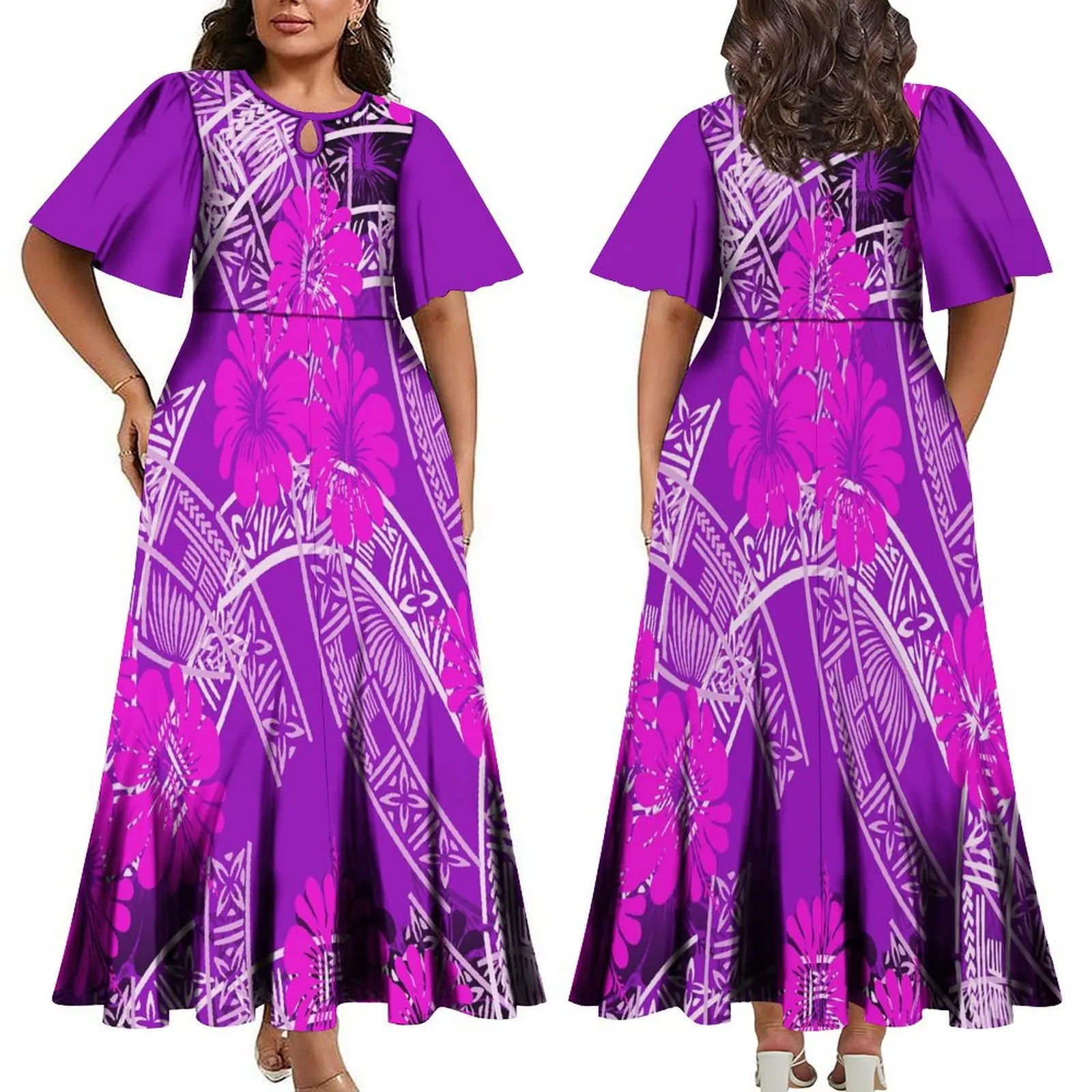 2024 Pacific Island Art atmungsaktiv o Kragen langes Kleid großes 6xl aus geschnittenes Trompetenärmel-Party kleid