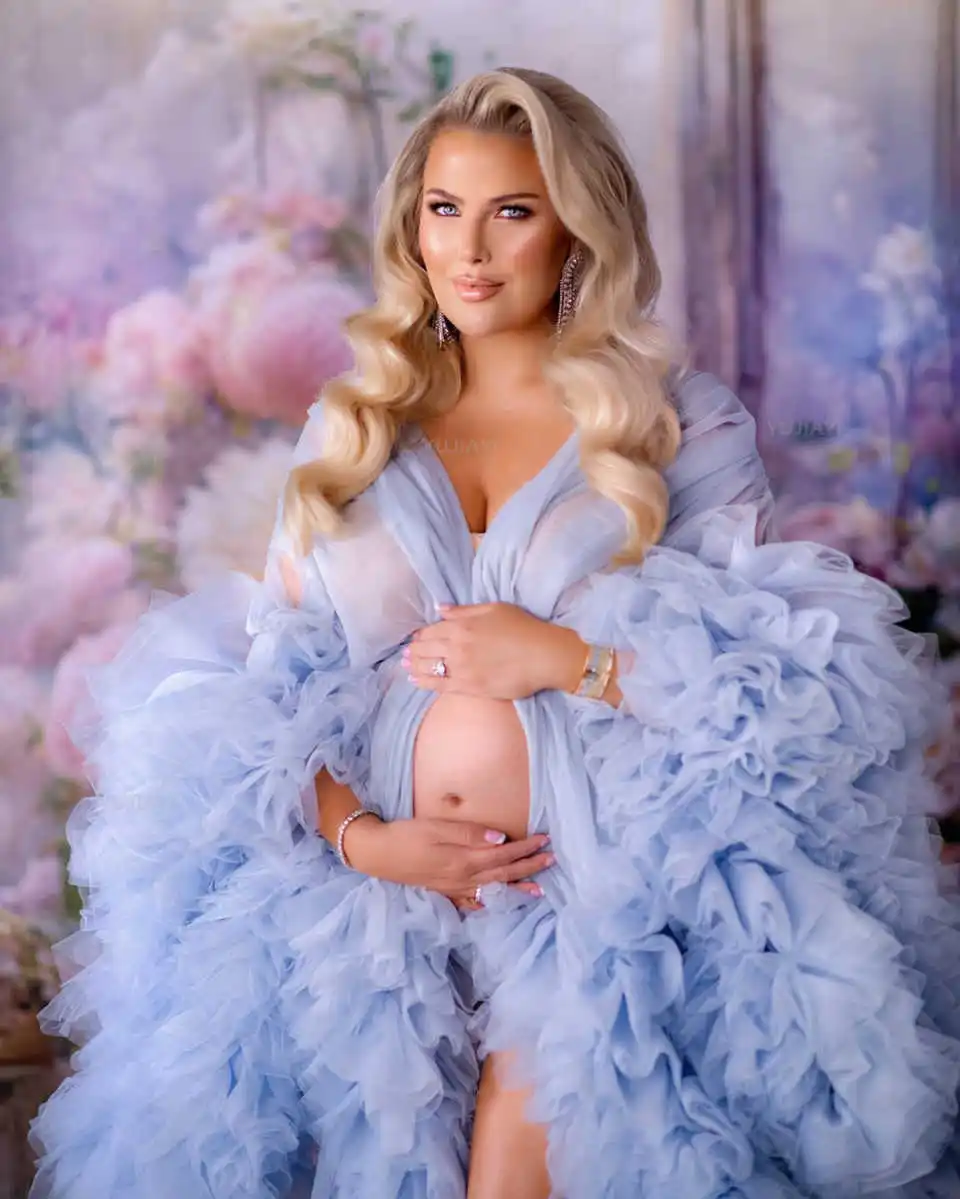 Vestido de maternidade personalizado com babados, vestido longo inchado em camadas, robe de tule, gravidez, vestido feminino, roupa de dormir de noiva, sessão de fotos