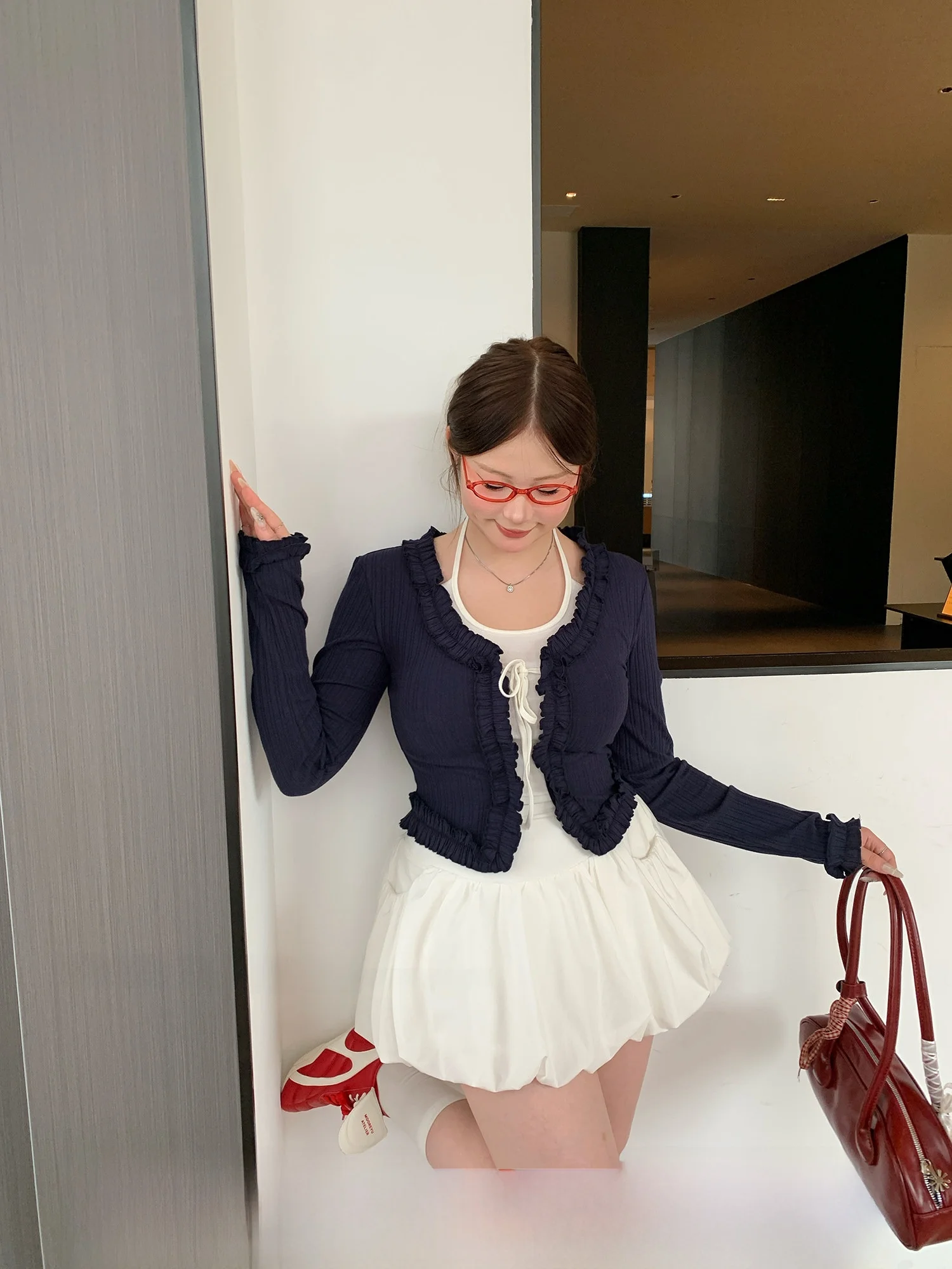 

Soul Melbourne Diary, комплект больших размеров, милая крутая плиссированная ушка, искусственная двухсекционная утягивающая юбка с цветочным бутоном, корейская юбка для поездок на работу