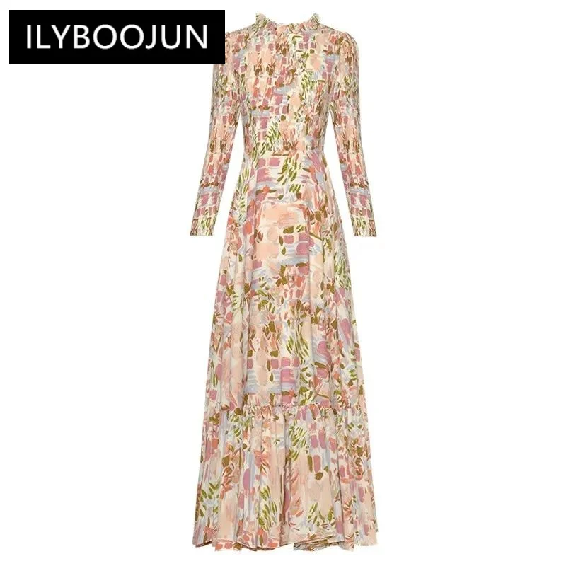 

ILYBOOJUN Fashion Designer Early Autumn Slim Dress Women O-Neck Long Sleeve Folds Floral Print Elegant Party Dresses