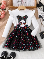 Spring and autumn new fashion liberal girl cartoon print knitted round neck long sleeve top + mesh print pleated skirt