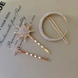 Stars and Moons Hairpins Barrette Hair Accessories Set Rose Gold for Girls Hairclip Rhinestone Headwear Korean Style