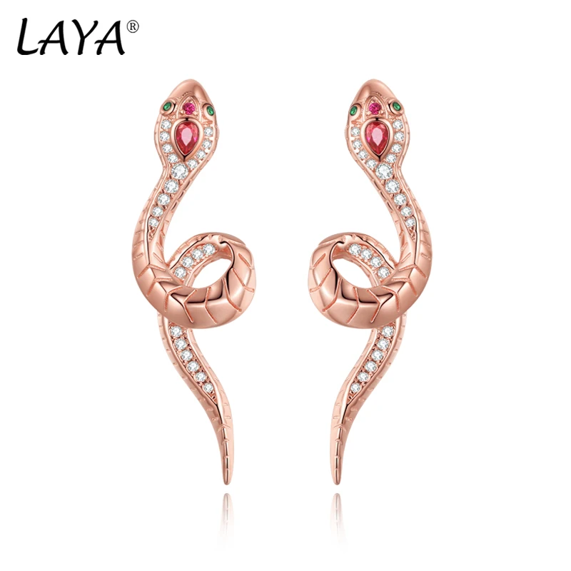 

LAYA 925 Sterling Silver Cute Snake Shaped Unique Design Plain Silver Shining Zircon Stud Earrings For Women Original Jewelry