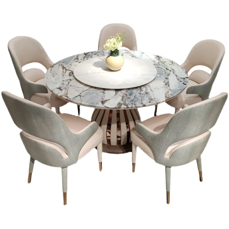 

*Итальянский светлый роскошный круглый стол из цельного дерева, мраморный обеденный стол и стулья, комбинированная вилла, современный ресторан, роскошная мебель