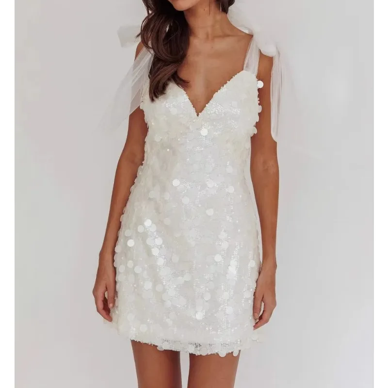 Women Sequins V Neck Short Dress Mesh Lace Up Backless Sling Y2k Summer Party