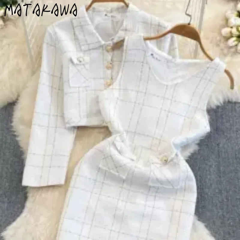 Matakawa autunno inverno Plaid Dress Set moda coreana elegante Tweed 2 pezzi Set abiti donna elegante Conjuntos De Falda