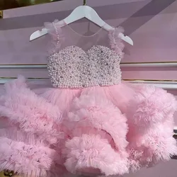 0-12 Year Old Baby Dress New Pearl Feather Birthday Party Fluffy Evening Dress Small Flying Sleeves Tulle Girl Princess Dress