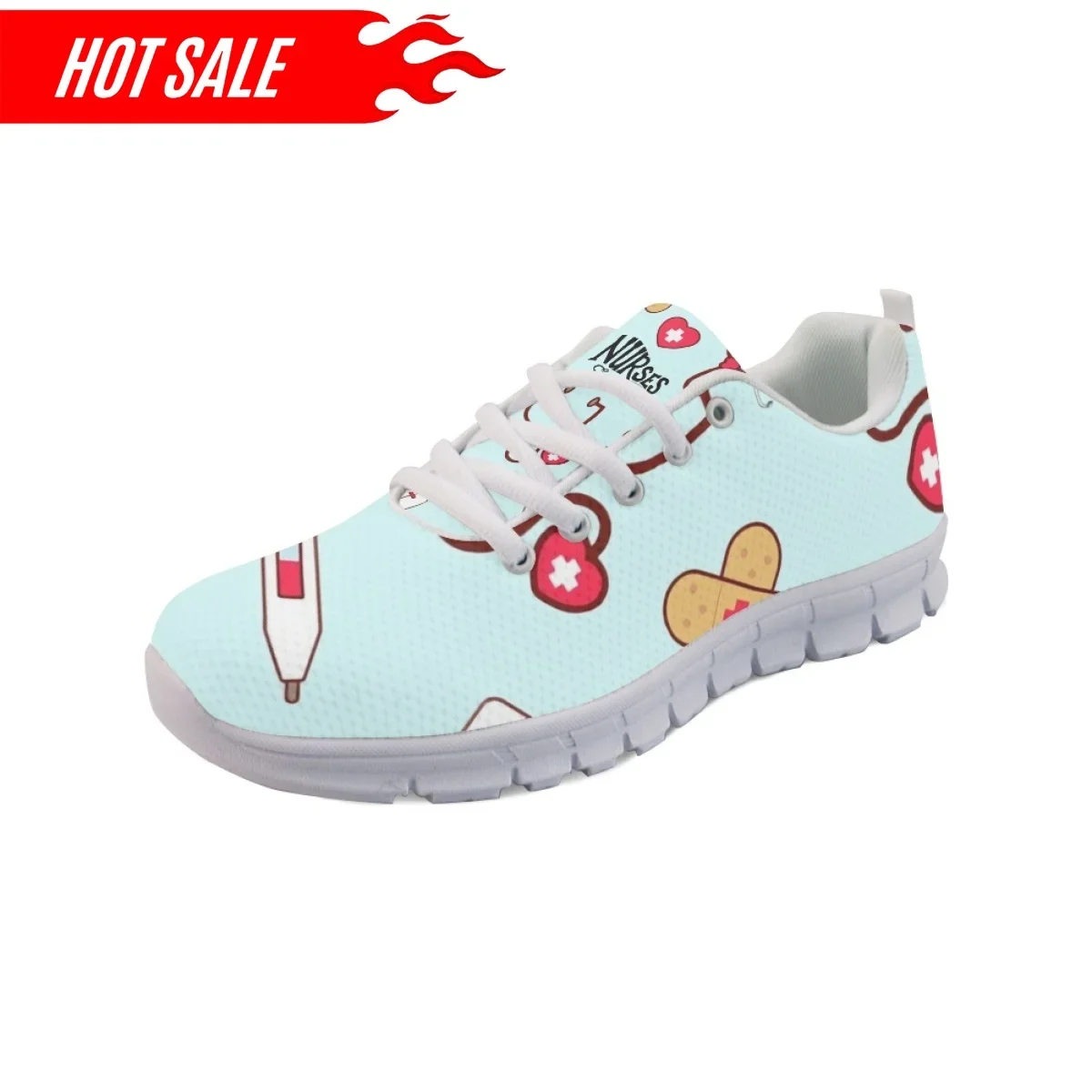2023 Women Nurse Shoes Breathable Lace up Flat Shoes First Aid Sign Medical Tool Print Ladies Mesh Sneakers Zapatos