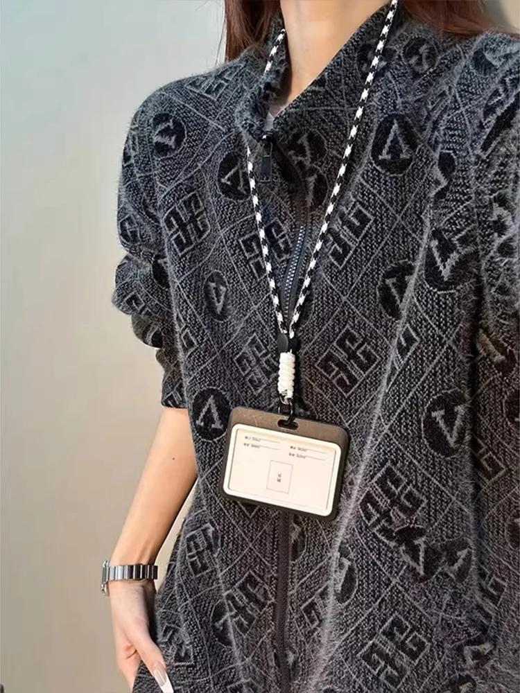 

Вязаный свитшот в американском стиле ретро, мужской осенне-зимний тяжелый открытый кардиган с воротником-стойкой и вышивкой