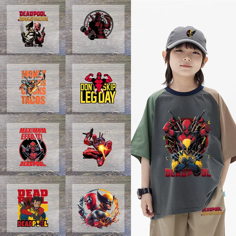 Deadpool & Wolverine Heat Transfer Stickers Marvels Anime Action Figures Iron on Patches Clothes Cap School Bags DIY Appliques