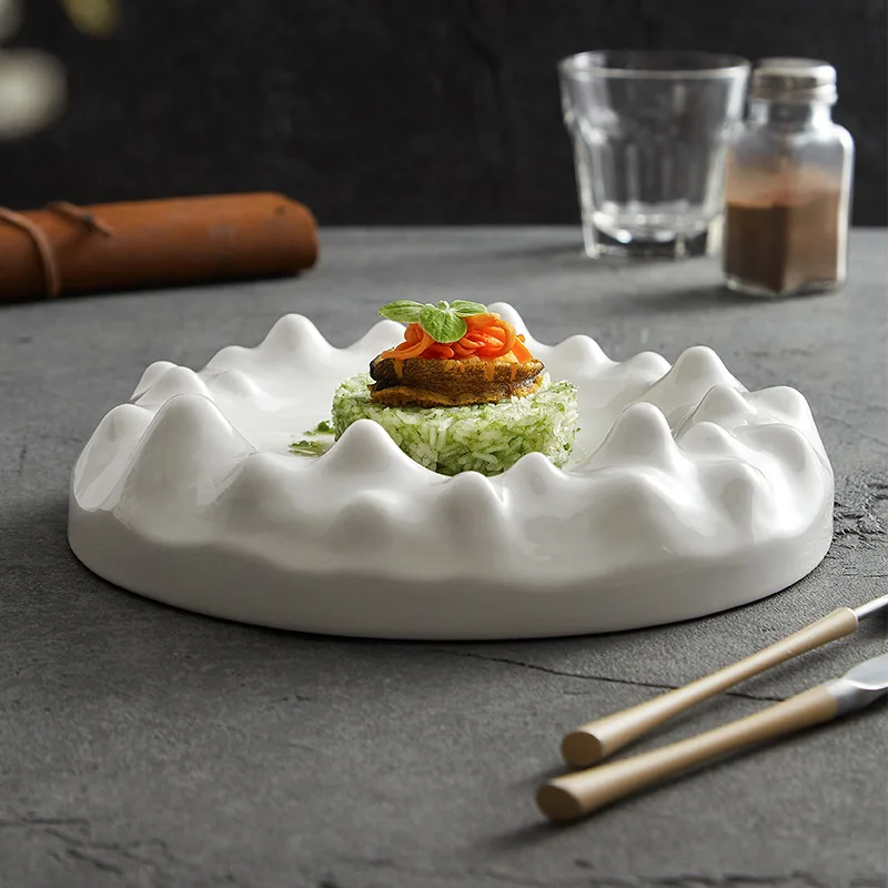 White Double-layer Ceramic Dish, Irregular, French Molecular Cuisine, Insulation Board, Dessert Plate, Restaurant Service Board