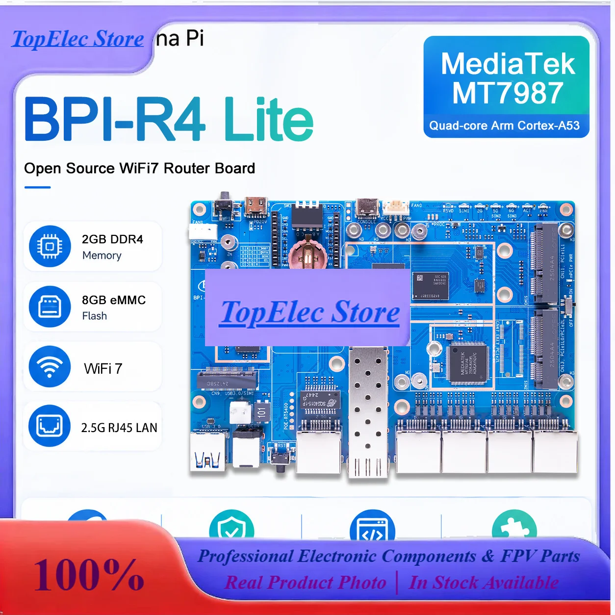 TopEsBanana Pi BPI-R4 Lite MediaTek MT7987A 2GB DDR4 8GB EMMC 256MB SPI-NAND Smart Router Home Automation Wifi 7 Wireless Router