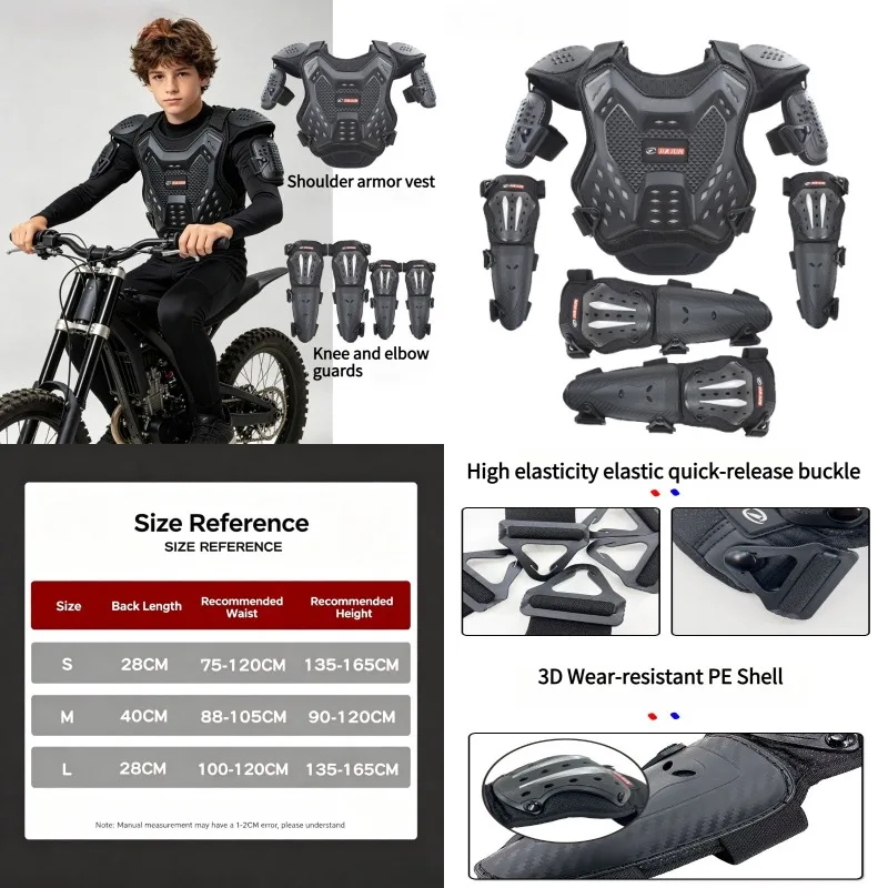 QIKUI Kids Youth Motorcycle Body Armor Hard Shell Chest Back Spine Protector Ventilated Lightweight for Dirt Bike Protector