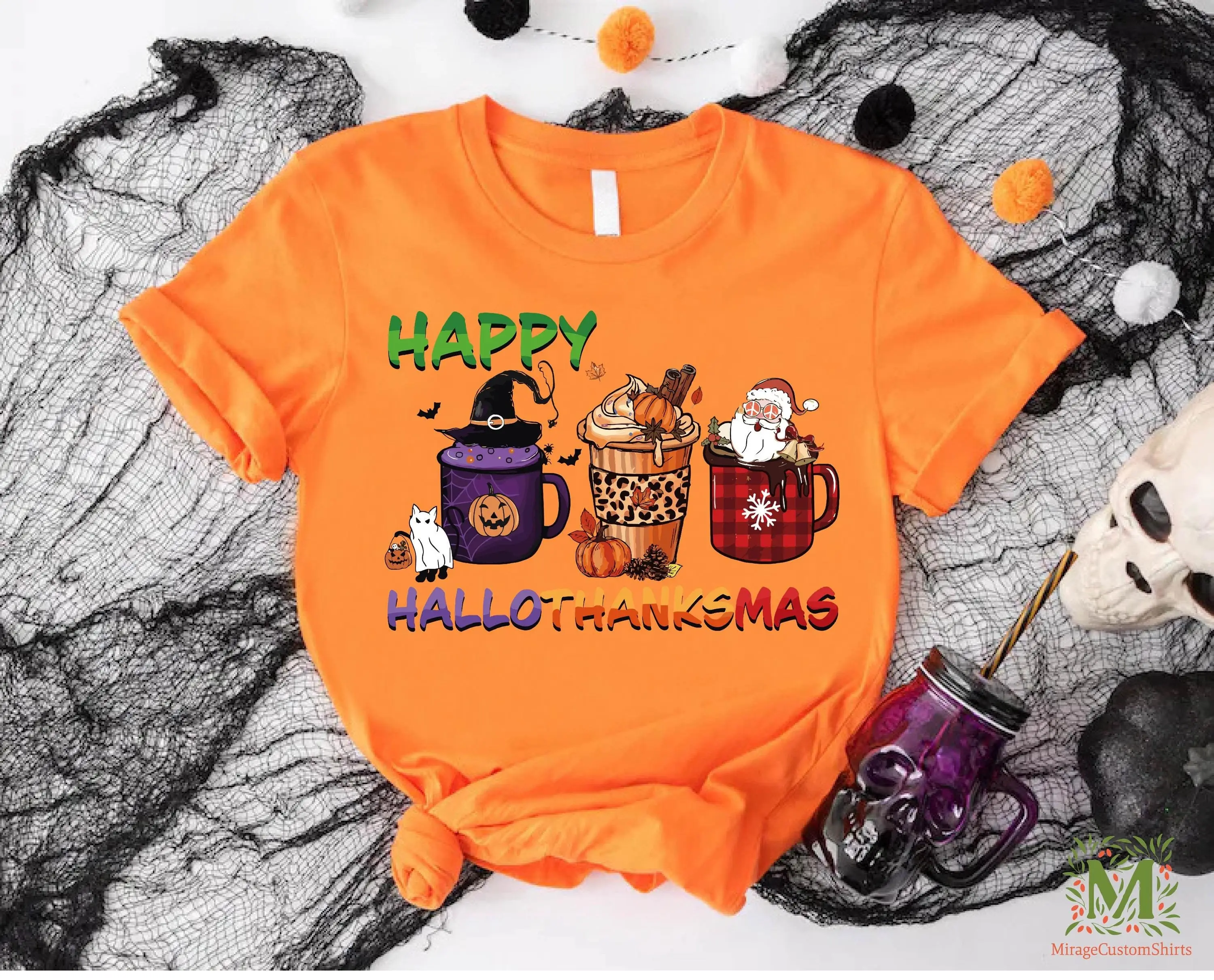 Happy Hallothanksmas T Shirt Coffee Holiday Season Halloween Thanksgiving Christmas Lover