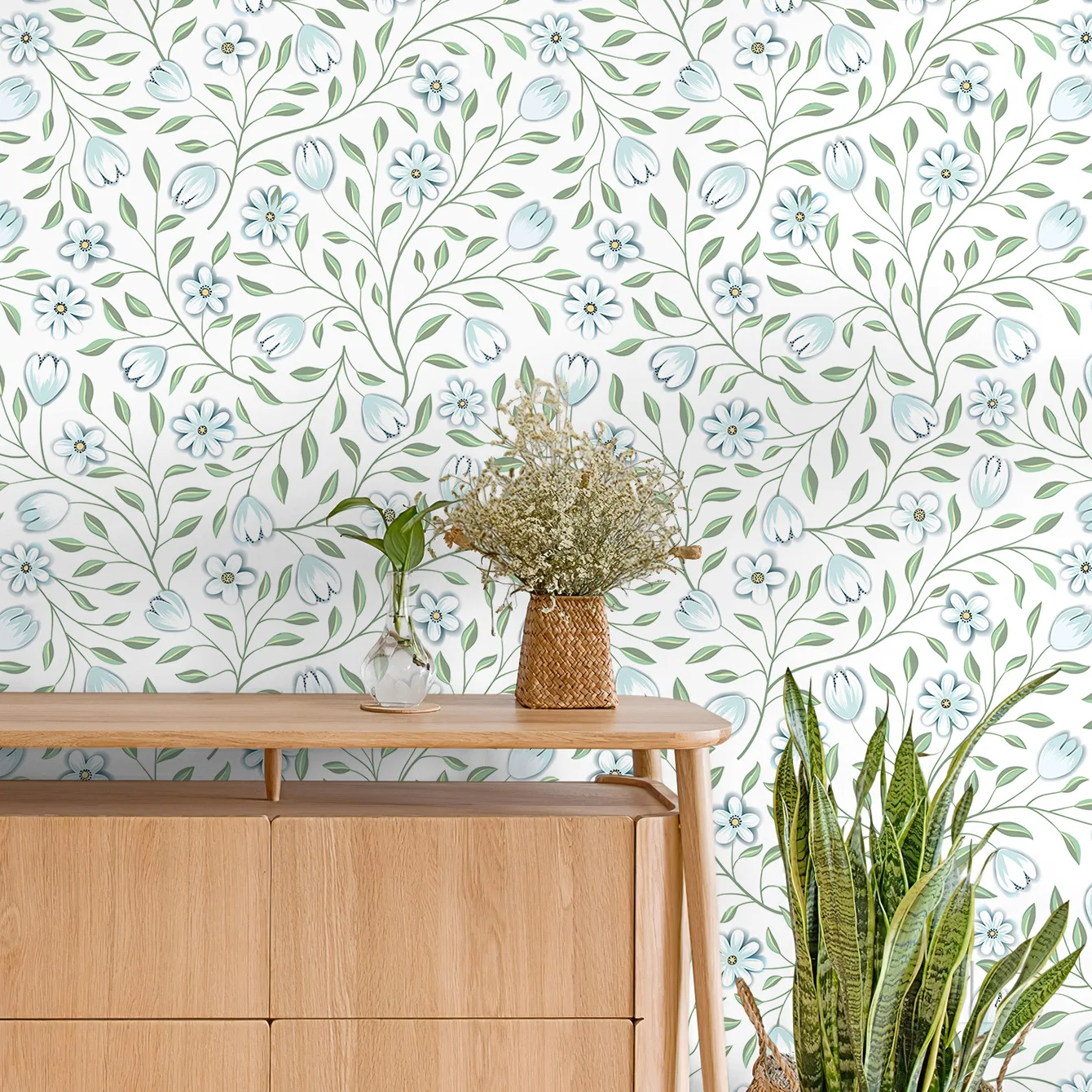 White Background Light Blue Tulip Daisy Floral Wallpaper Self Adhesive Contact Paper for Kids Room Bedroom Nursery Cabinet Decor