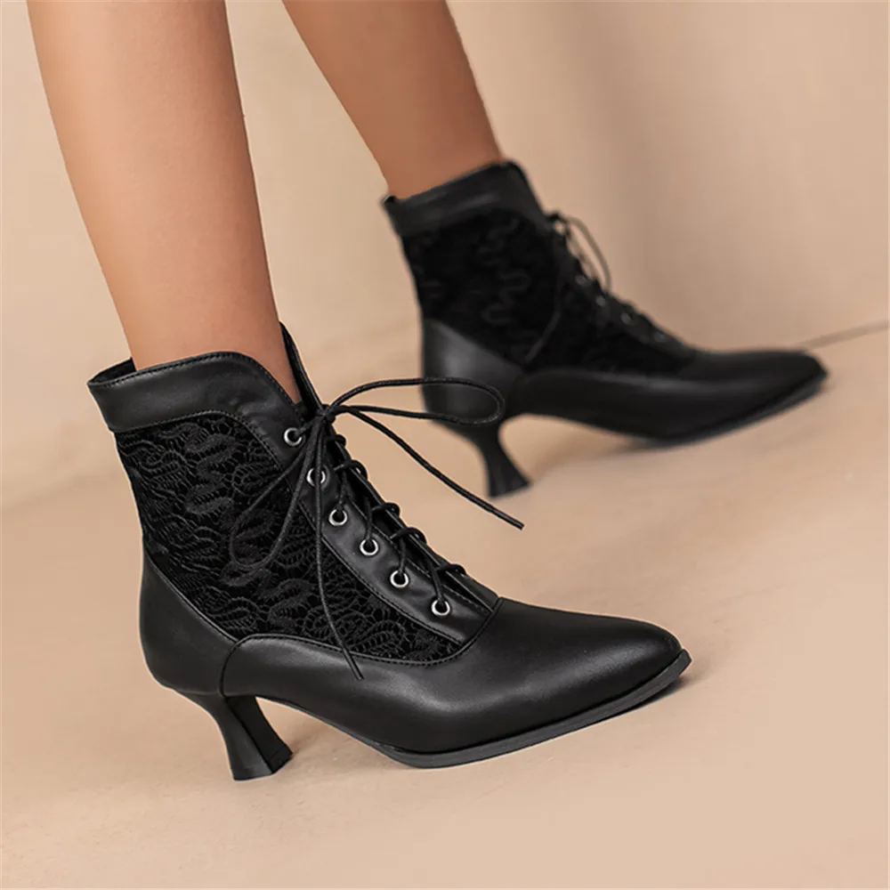 Women Victorian Pointed Toe Ankle Boots Leather Lace Hollow Out Punk Lace Up Strange Steampunk High Heel Shoes Plus Size 32-46