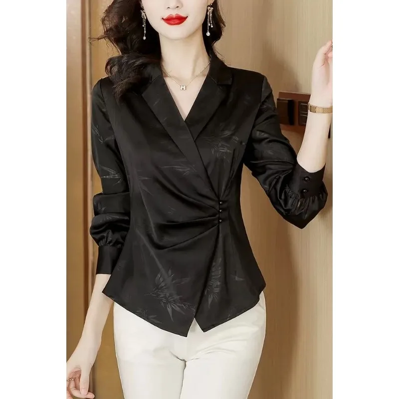 

Satin High-end Light Luxury Suit Collar Shirt Women's Autumn New Irregular Hong Kong Style Top