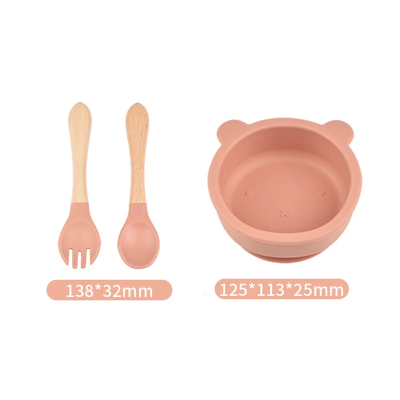 1/3PCS/Set Baby Silicone Suction Bowl Spoon Fork Set BPA Free Wooden Handle Fork Spoon Children Feeding Non-SlipTableware Set