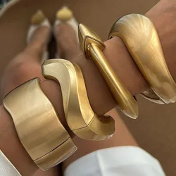 Punk New Matte Metal Wide Cuff Bangles Vintage Gold Color Geometric Spring Bangles For Women Bracelet Jewelry Gifts