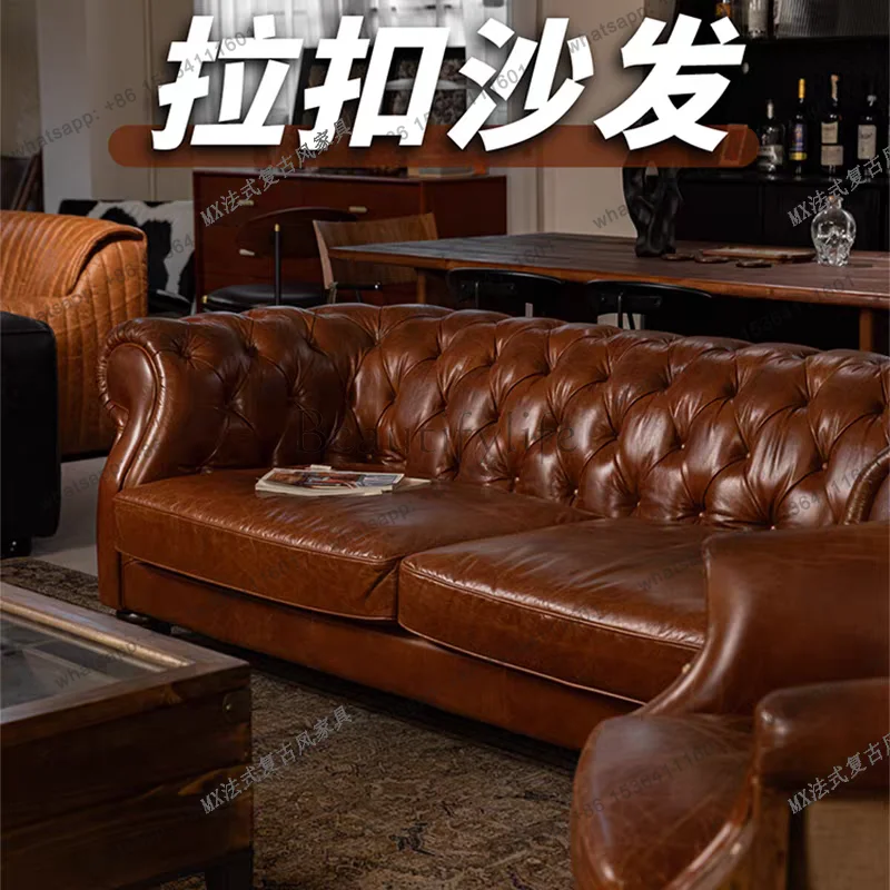 PJ  French vintage style button-tufted sofa, classic American cigar bar Burton sofa, mid-century whiskey straight-line sofa