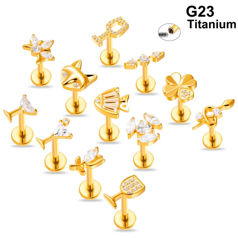 1PC G23 Titanium Internal Thread Flat Back Labret Stud CZ Cartilage Tragus Stud Earring Helix Piercing Earlobe Piercing Jewelry
