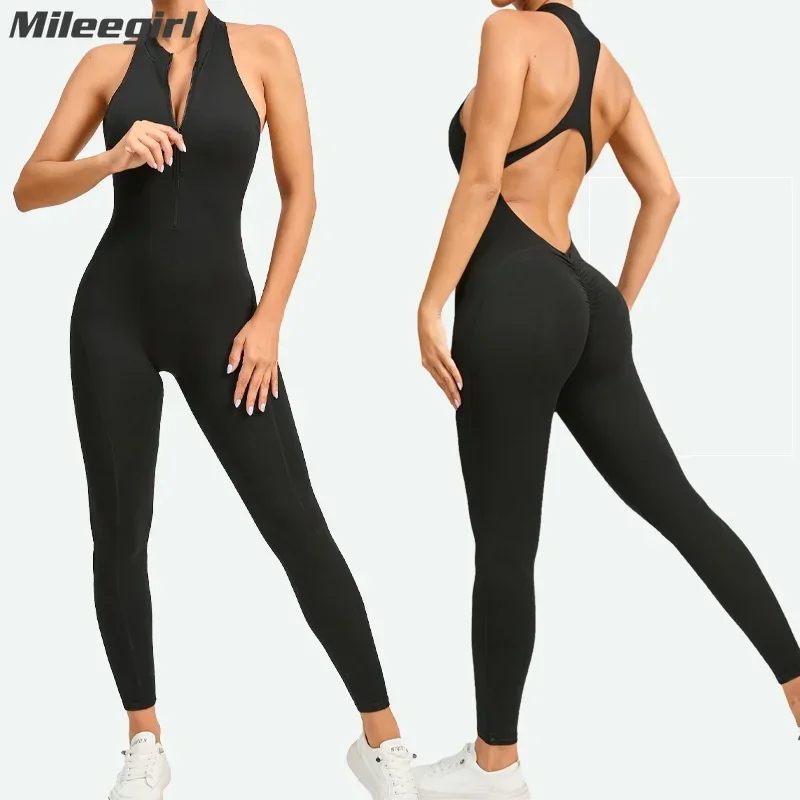 Mileegirl Front Zipper One Piece Yoga Sets for Women Hollow Back Sports Tracksuit Padded Gym Fitness Jumpsuit Workout Bodysuit