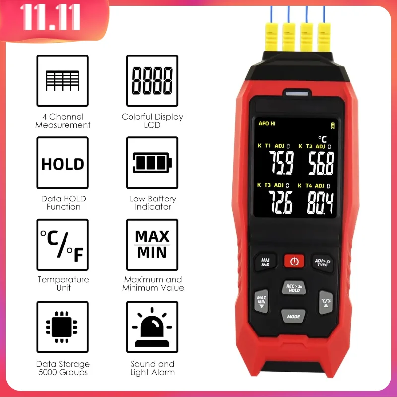 

TA612C 4 Channels K/J Type Thermocouple Thermometer -200~1372℃/ -328~2501℉ Handheld Digital LCD Temperature Meter 5000 Groups