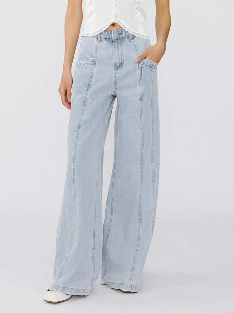 

CUBIC High Waist Wide Leg Loose Fit Denim Pants Briti Sle Waed Cotton Polyester Blend Four Seasons Ladies Jeans