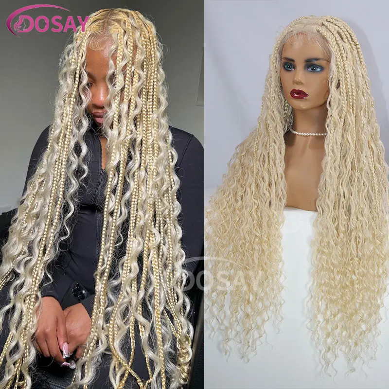 32" Honey Blonde 613 Colored Boho Box Braided Wigs Bohemia Synthetic Braided Full Lace Front Wig Curly Ends Square Part Knotless