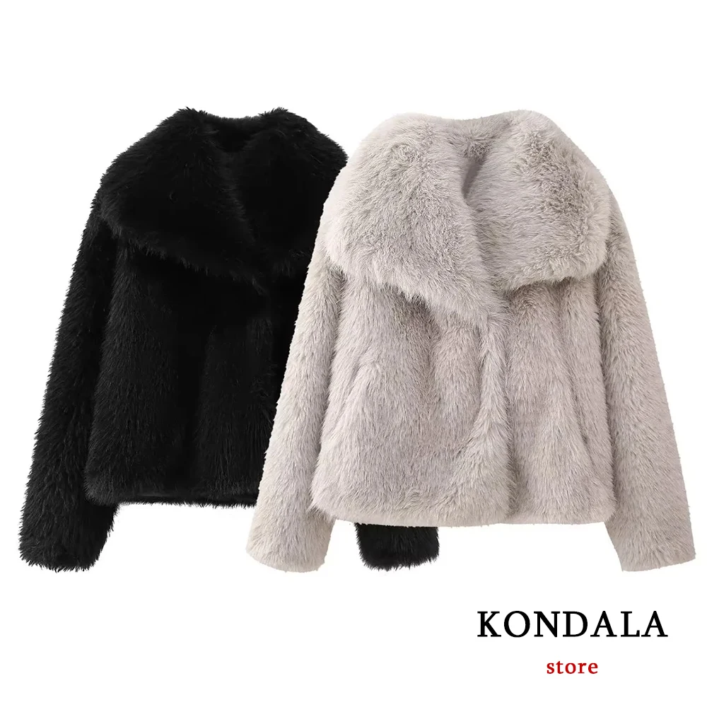 KONDALA Vintage Faux Fur Oversized Coats Women Fashion 2024 Spring Winter Thick Warm Jackets Casual Pockets Elegant Outwears