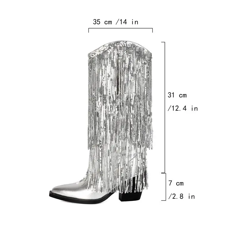 REAVE CAT Sliver Women Mid Calf Boots Pointed Toe 7cm Chunky Heels Side Zipper Fringe Sexy Dating Banquet Bota Big Size 41 42 43