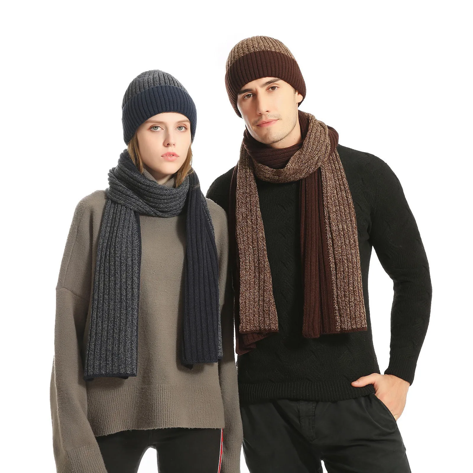 

Men's Fashion Keep Warm Set Unisex Beanie Gloves Scarf Male Woollen Yarn Knitted Muffler Fall Winter Contrast Color Hat Sets