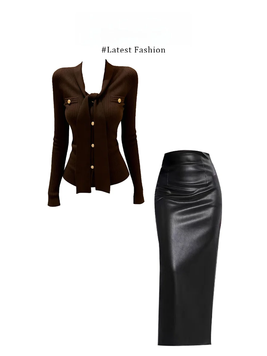 

Зимний вязаный комплект Parkyeon: свитер с V-образным вырезом и юбка с поясом, облегающий силуэт, в стиле барн, модный женский комплект из двух предметов