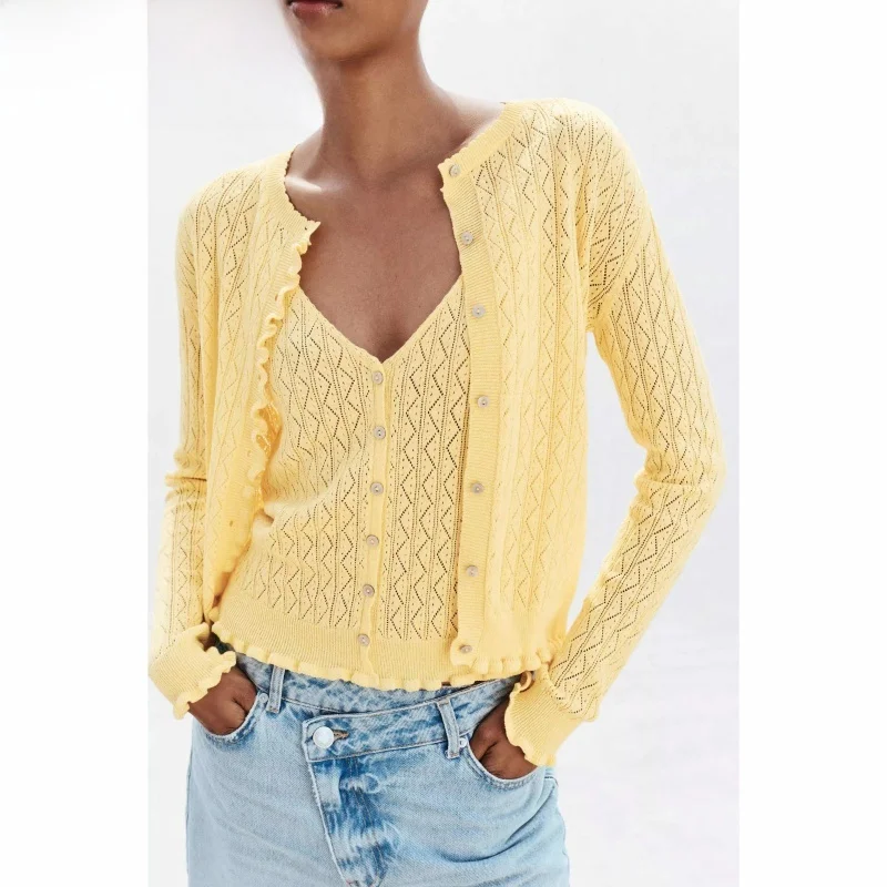 

New Summer Women's Knitted Me Jaet Vest Top Layered Decorative Embroidery Long Sve round Ne Loose Fit Faionable
