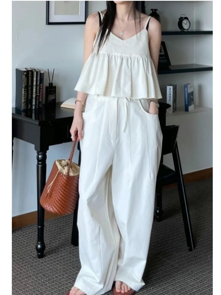 

Korean Sle Summer Faion ort Sve Doll irt + Wide Leg Pants Two Piece Set Cute Casual Outfit for Women