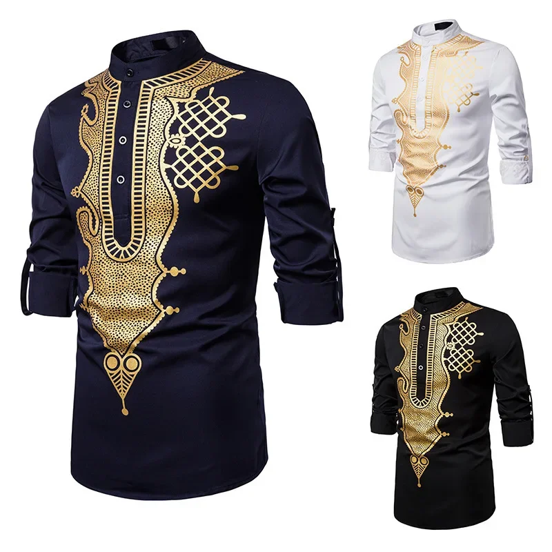 Kurta Men's Muslim Shirt with Embossed Totem Long Straight Casual Shirt African Islam Shirt Men Dubai Men Clothing Arabe Hombre